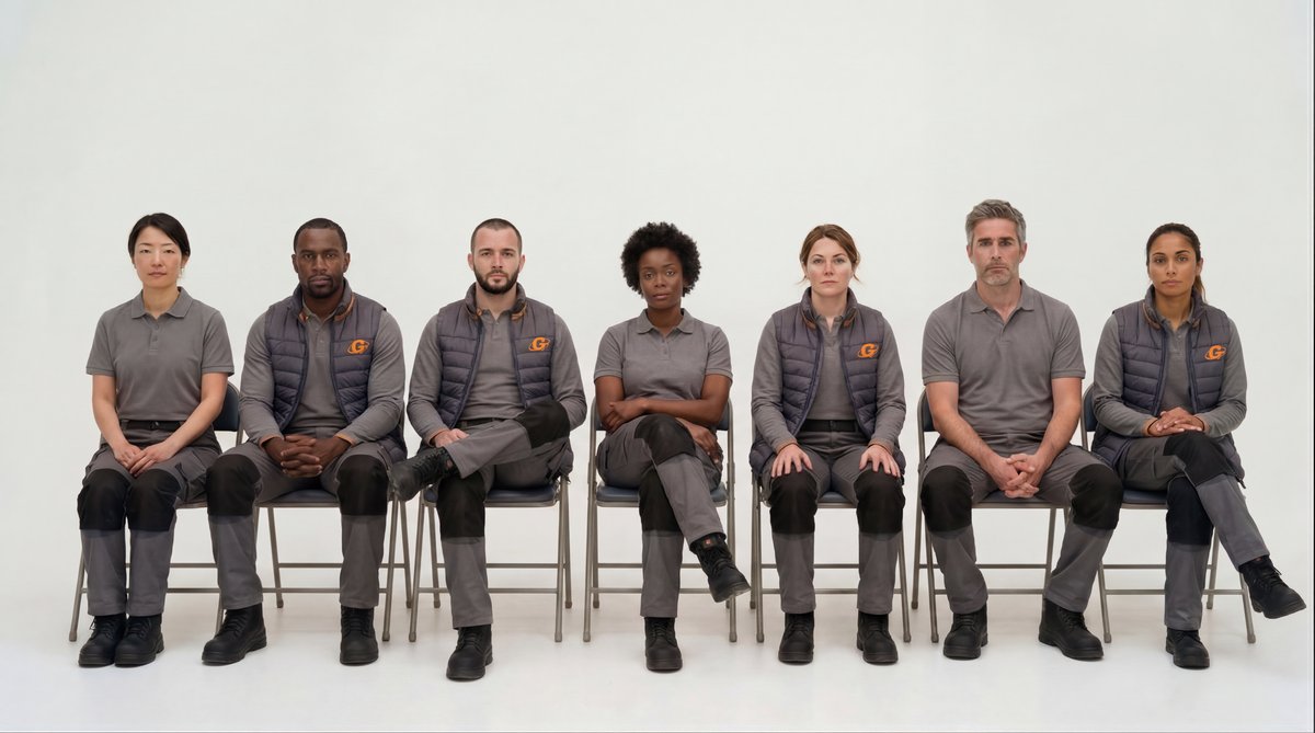 AI-generated crowd rows of five to seven characters with front and back views